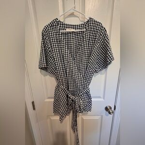 LOFT Navy and White Gingham Wrap Top